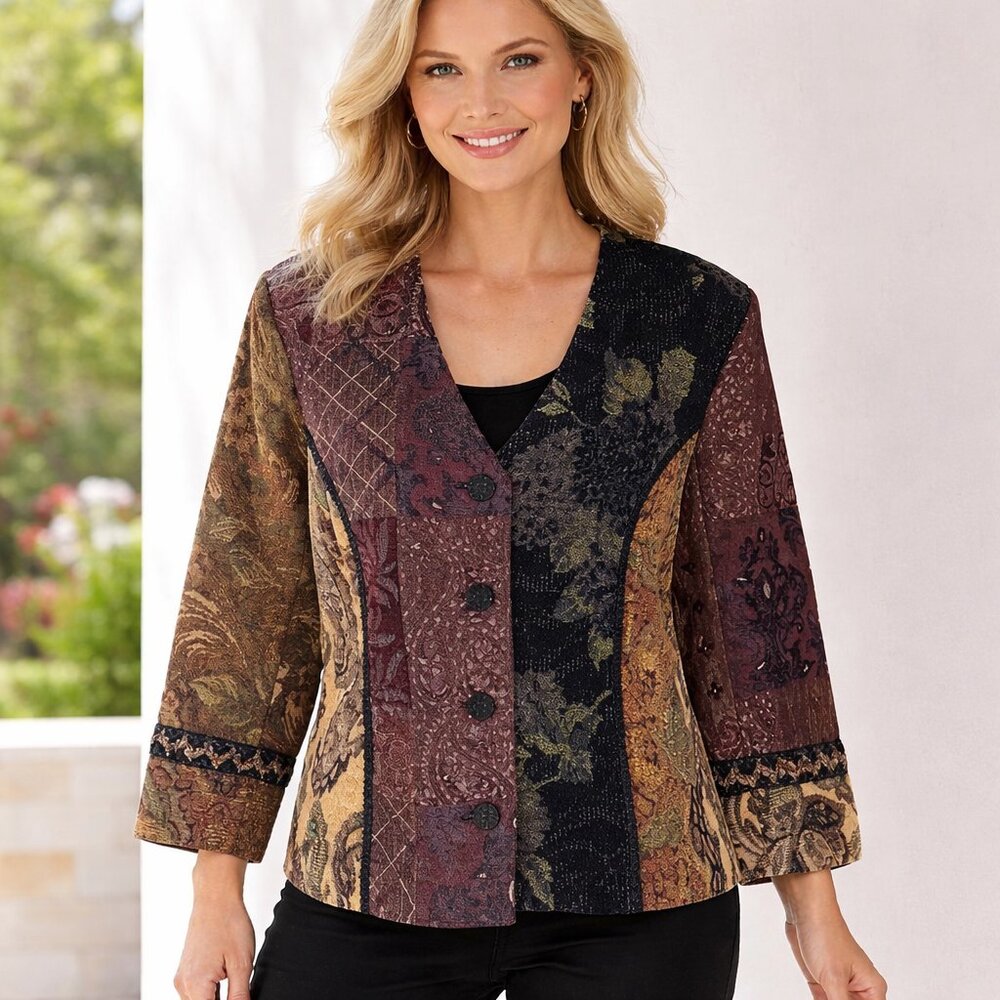 Vintage Zoe Patchwork Tapestry Boho Jacket Size Large Gold Burgundy Green Black
